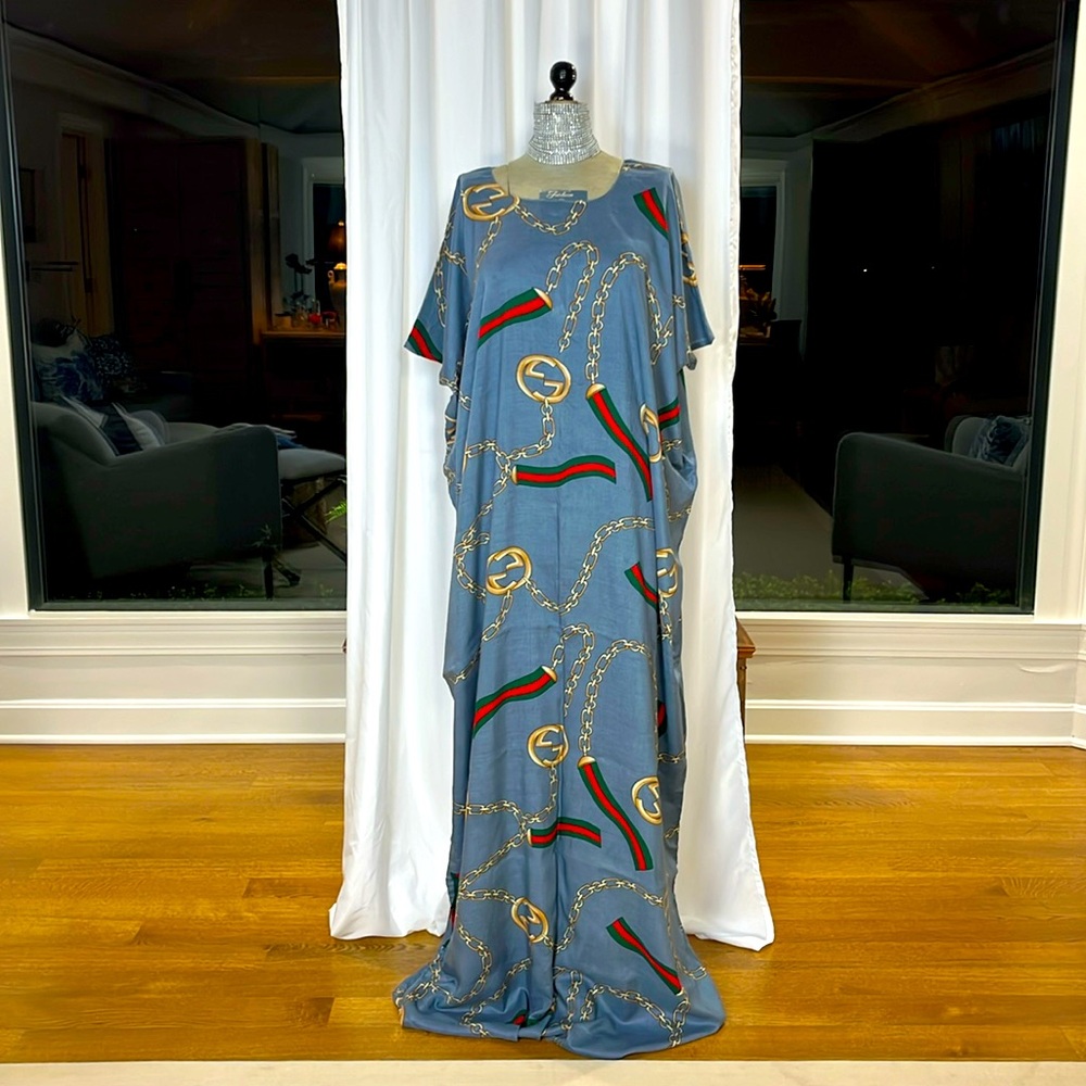 Gucci print fabric, handmade dress ,very large. 48” L x 26” w scoop neck 5” arms